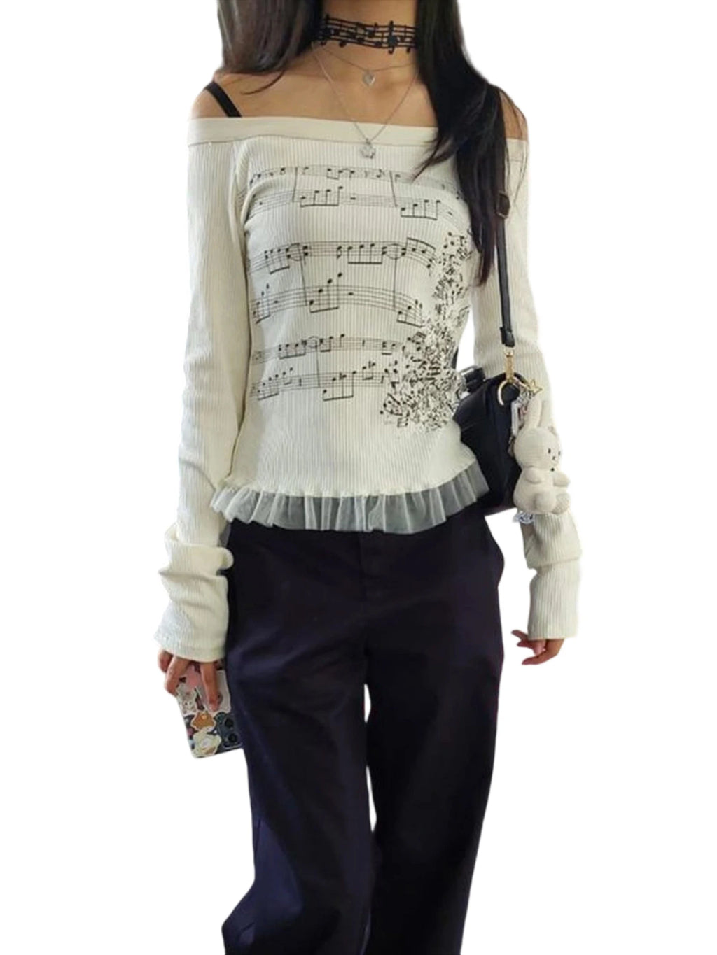 Women Y2K Graphic Long Sleeve Top Off Shoulder Music Score Tee Shirt Aesthetic Fairy Grunge T-Shirt 2025 Fall Streetwear