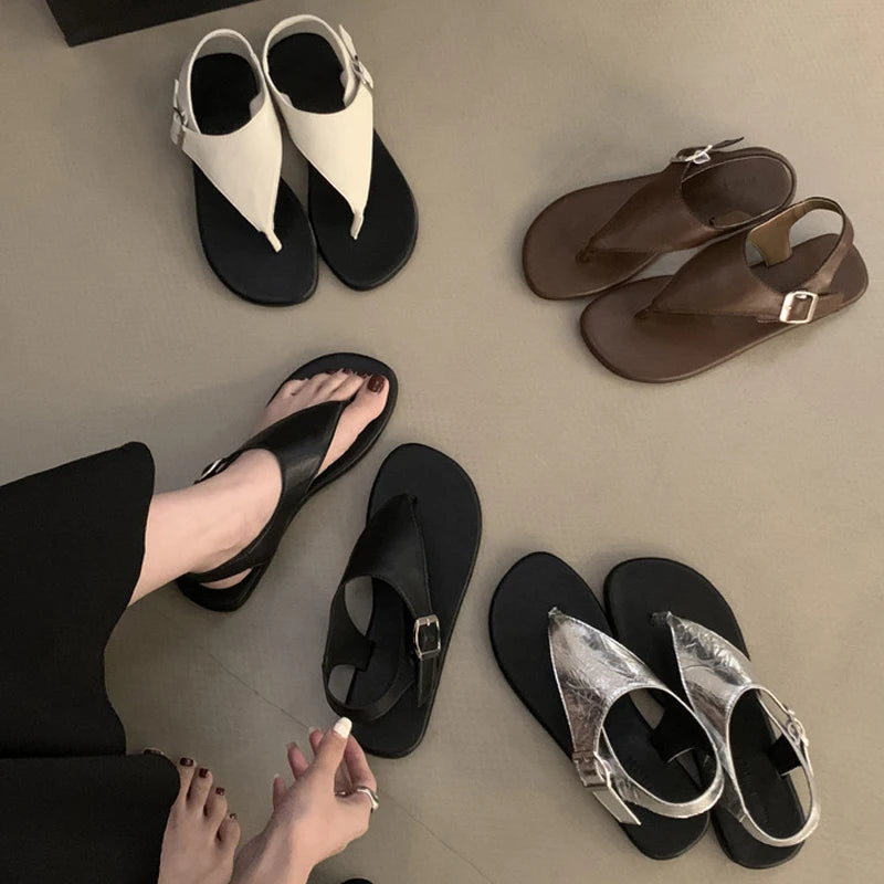 Concise Clip Toe Buckle Strap Sandals Woman Summer Elegant Pu Leather Flat Gladiator Shoes Ladies Casual Brand Design Flip Flops