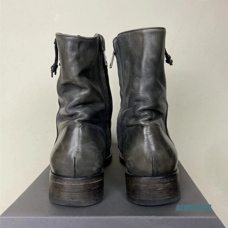 WRINKLE NOIR - Men's Vintage Black Leather Ankle Boots - Side Zipper, Round Toe, Low Heel