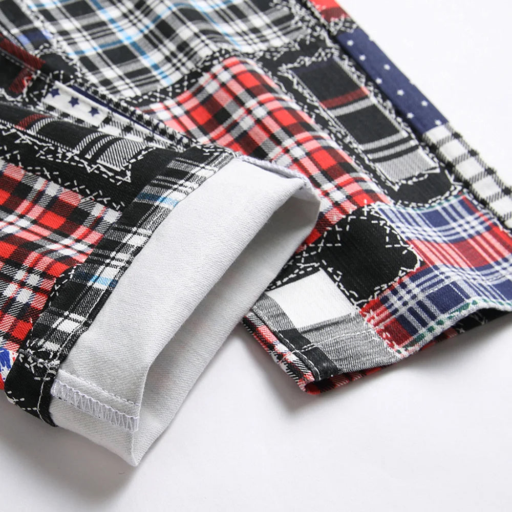 PATCH GRID - Men's Plaid Digital Print Patchwork Jeans - Slim Straight Stretch Denim