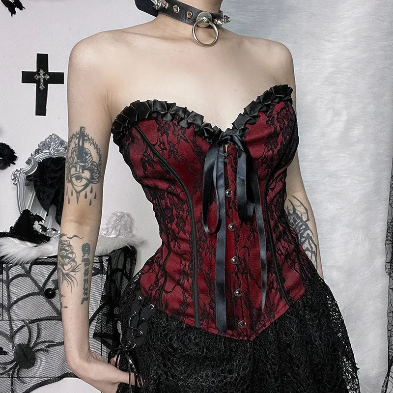 Unholy Lace Halter - Black Goth Corset Top With Cross And Red Velvet