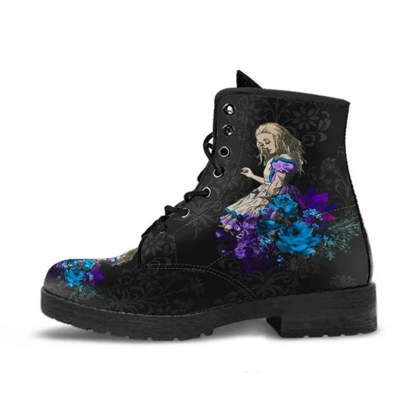 Women's Autumn Short Boots British Style Tooling Boots Skull Print Flower High-top Ladies Ankle Boots Vintage Botte Femme Hiver