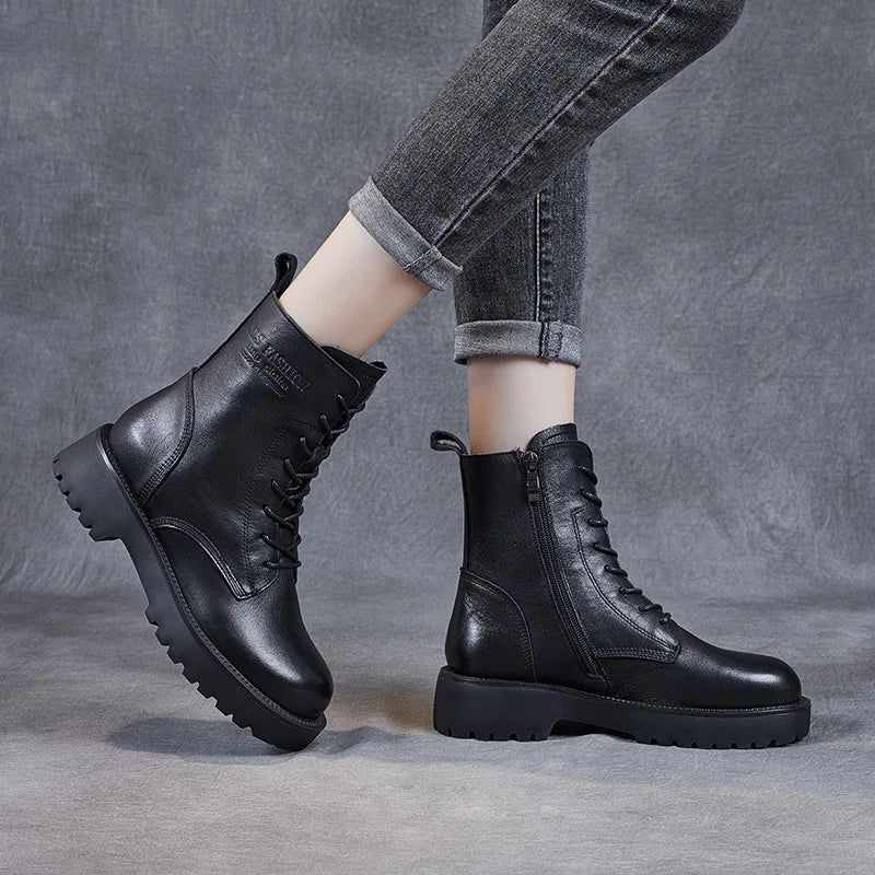 Handmade Cow Leather Mid-Calf Boots – Retro British