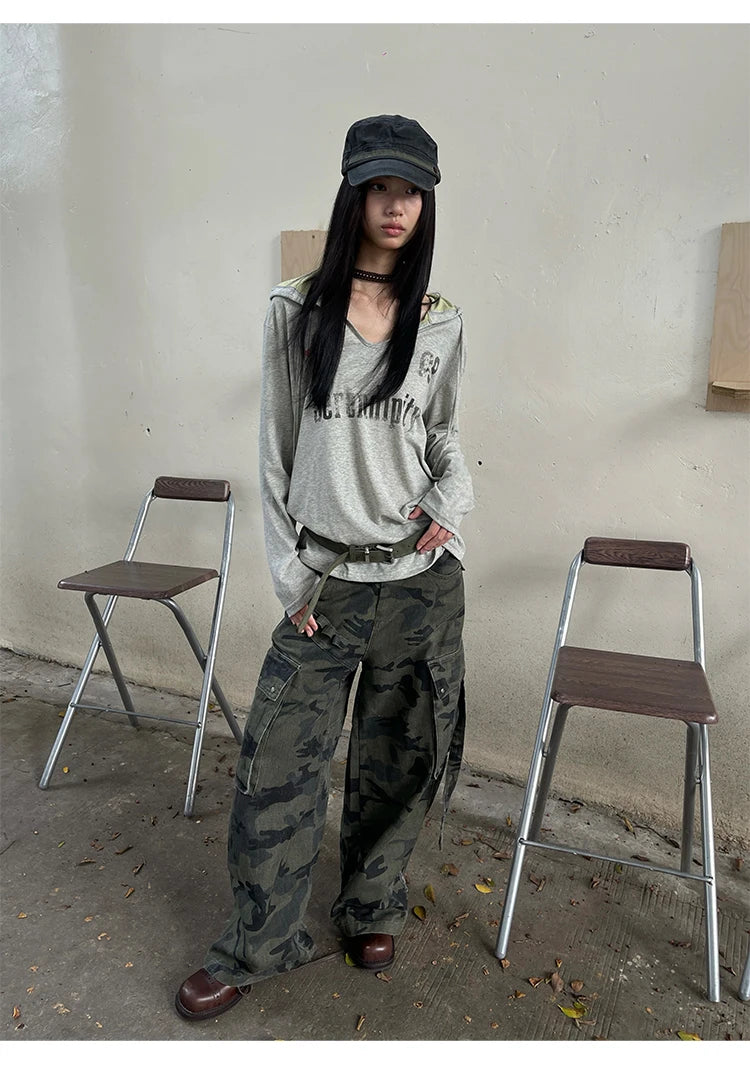 Genayooa Vintage Graphic Tops Women Long Sleeve Y2k Japanese T Shirt With Hooded Streetwear American Retro Grunge Tops E-girls