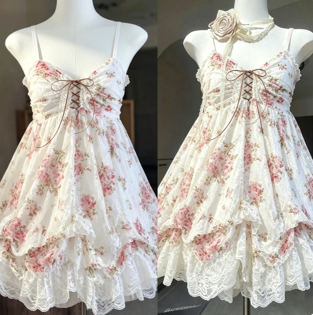 2000s Gothic Vintage Mini Dress Women Sleeveless Strap Party Dress Evening Lace Retro Cltohing Japanese Y2k Black Chic Lolita