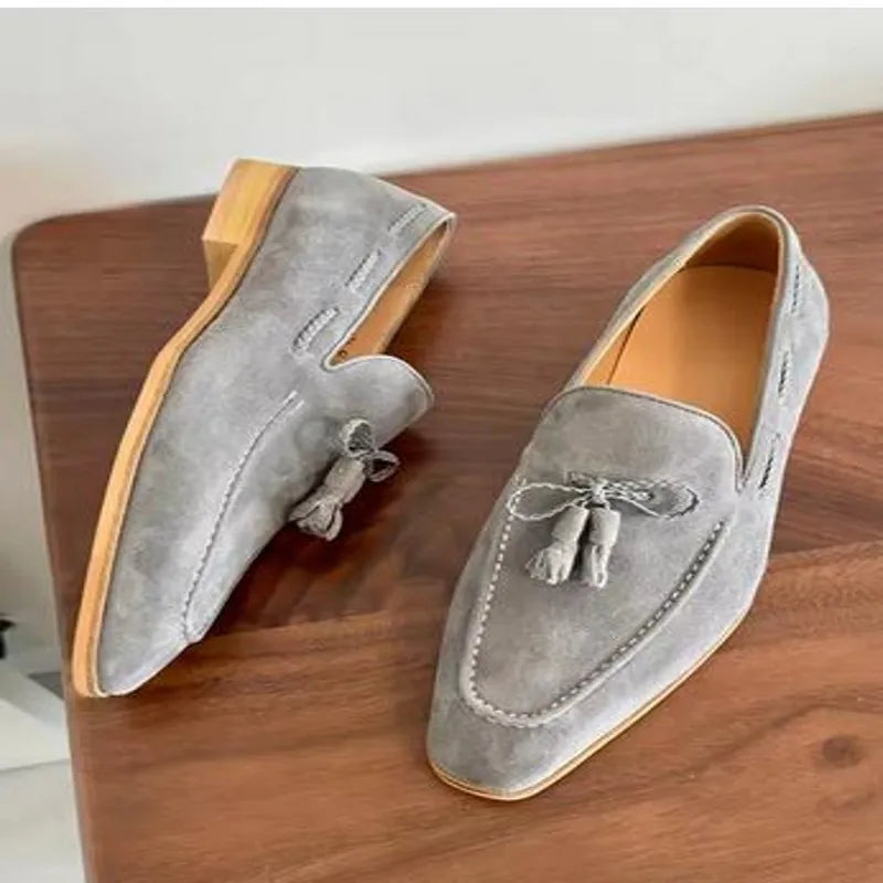 TASSEL EASE - Cow Suede Slip-On Loafers - Tassel Fringe, Casual Luxury