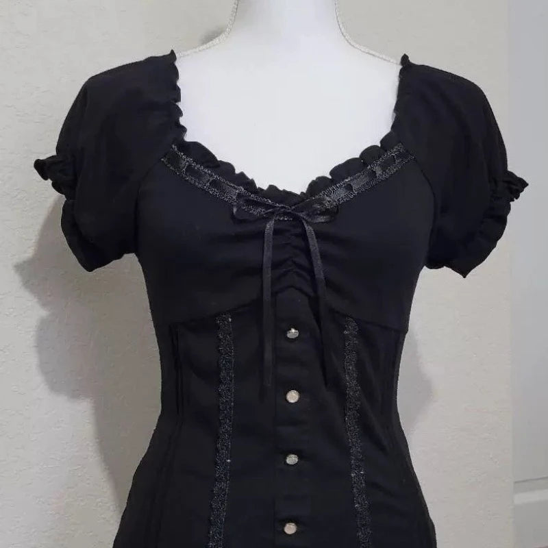 Vintage Black Fashion Bow Sweet Blouse Women Short Sleeve Square Neck Slim Chic Tops New Elegant Casual Y2K Retro Outfits 2025