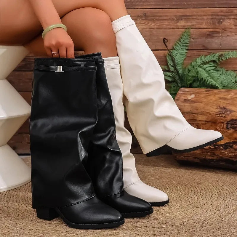 Folding Wide-Leg Knee-High Boots – Thick Sole Square Heel