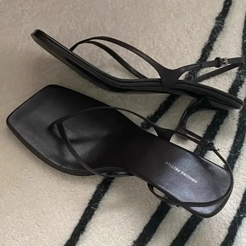 Retro Square Toe Clip Toe Sandals Kitten Heel Back Strap Brown Solid Concise French Style Sexy Fashion Women's Shoes Summer Casual