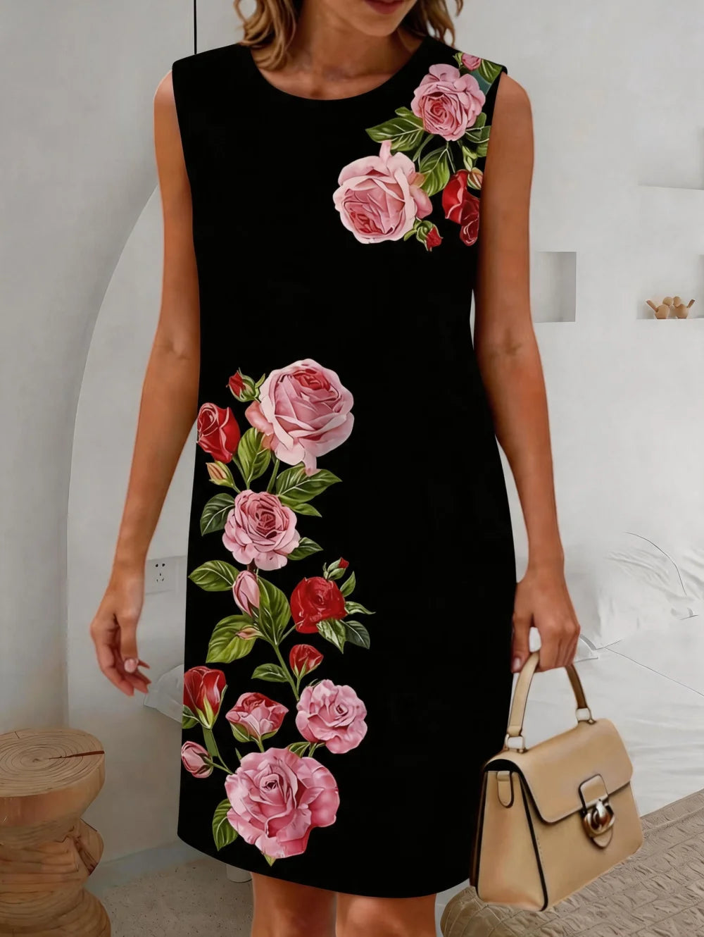Summer New Women's Casual Fresh Simple Flower Leaves Graphics Sleeveless Dress Knee-Length Dresses Holiday Loose Woman Clothing