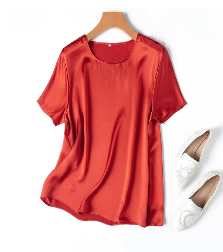 100% Mulberry Silk 19 Momme Charmeuse Silk Women Tank Top T-shirt Short Sleeve Shirt Blouse Solid Colors Summer M L XL AA4270