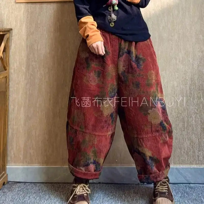 Floral Corduroy Harem Pants