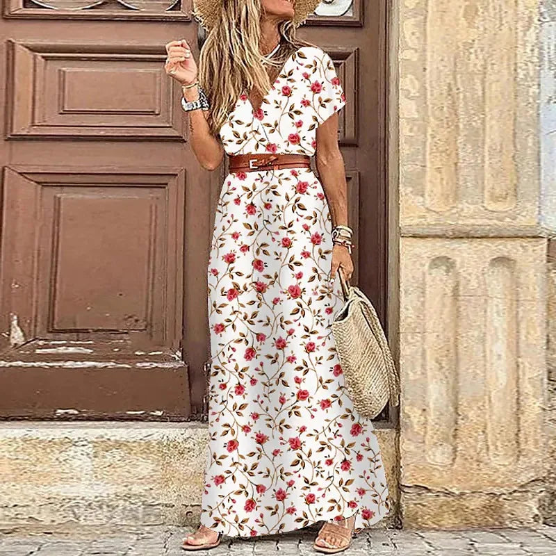 Elegant Floral Pleated H-shaped Midi Dress Female V-Neck Puff Sleeve Waist Ruched Button Dresses Women Summer Dress Robe