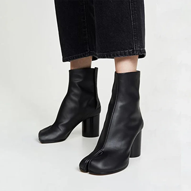 Leather Tabi Boots – Split Toe Chunky Heel Ankle