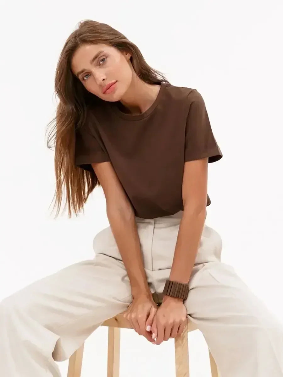 Bornladies Summer 100% Cotton Women's T-shirt Basic Fashionable Solid Lady Short Sleeve Loose Tops 230g/㎡
