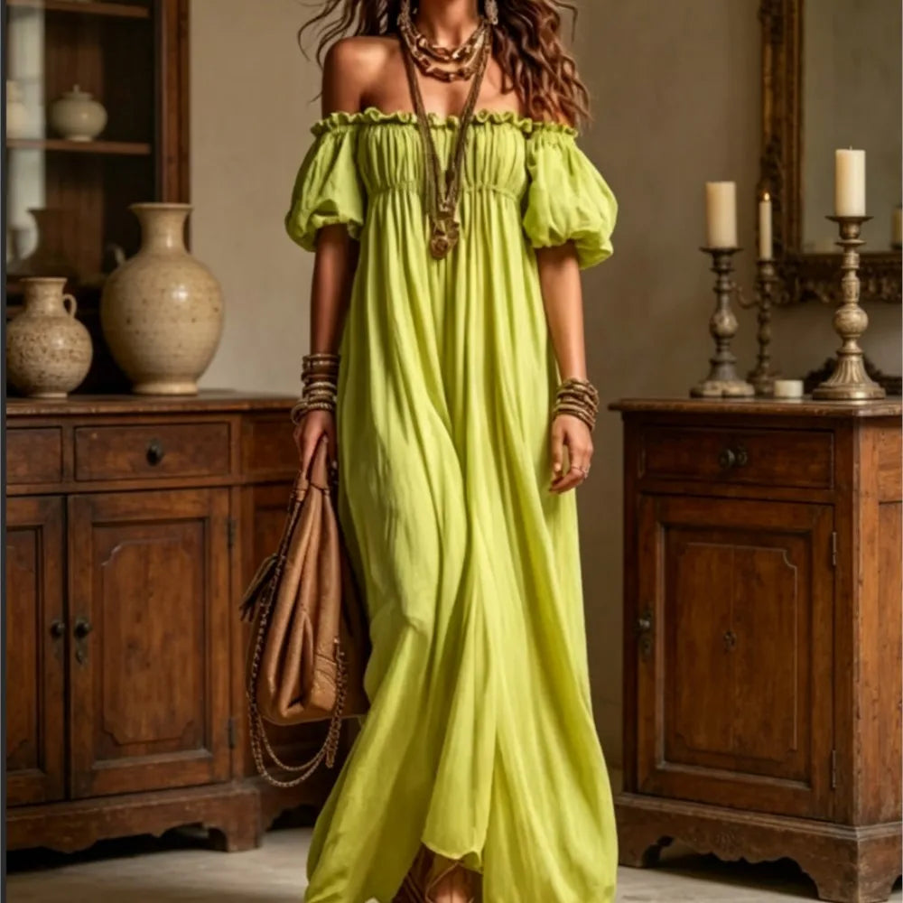 2026 Sexy One Shoulder Short-Sleeved Women's Party Dresses Summer New Fashion Loose Elegant Female Vacation Long Dress