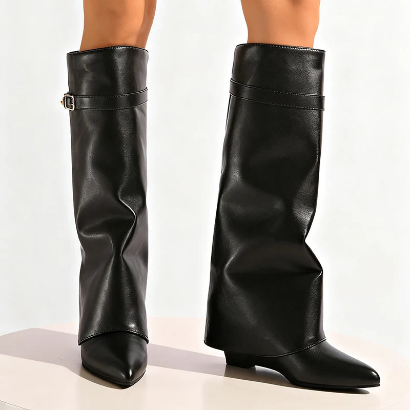 Metal Decor Wedge Knee-High Boots