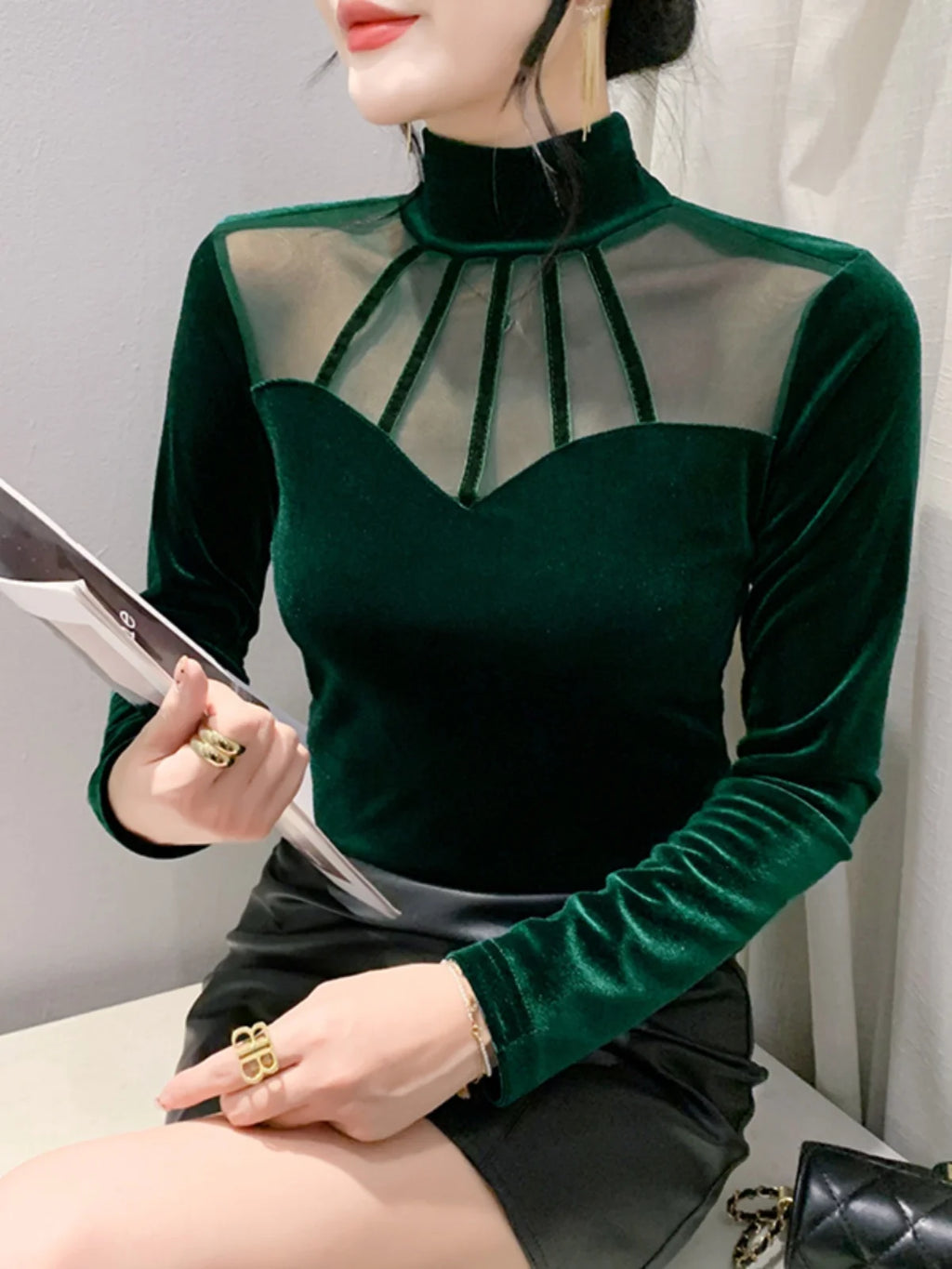 Velvet Mesh Turtleneck Top - Long Sleeve Slim Fit Elegant