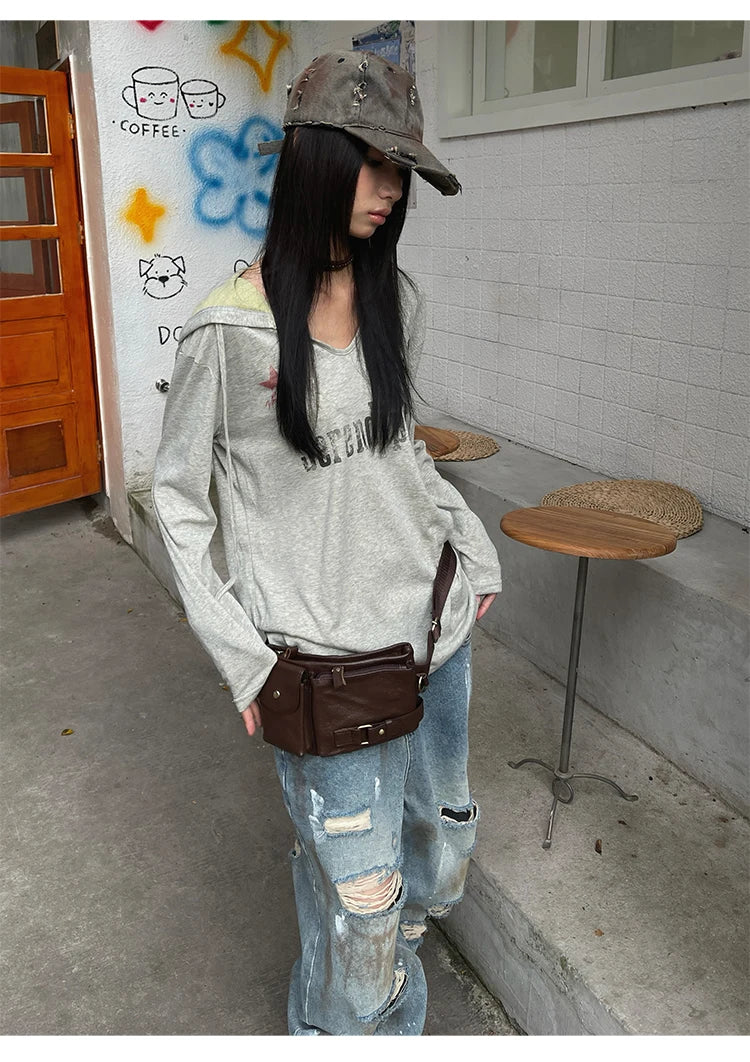 Genayooa Vintage Graphic Tops Women Long Sleeve Y2k Japanese T Shirt With Hooded Streetwear American Retro Grunge Tops E-girls