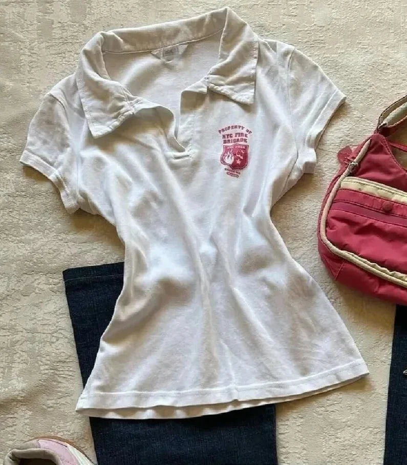 American retro vintage letter polo shirt patchwork short sleeved polo shirt women summer top trend shirts women streetwear