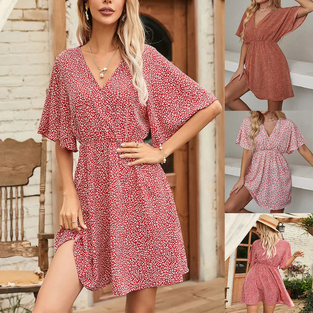2024 Europe and the United States Spring and Summer New Women's Printed V-Neck Short-Sleeved Casual Loose Dress for Women