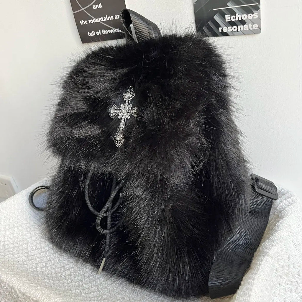 Black Plush Backpack Y2K Gothic Cross Fluffy Fur Backpack