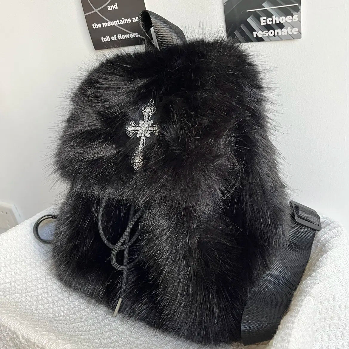 Black Plush Backpack Y2K Gothic Cross Fluffy Fur Backpack