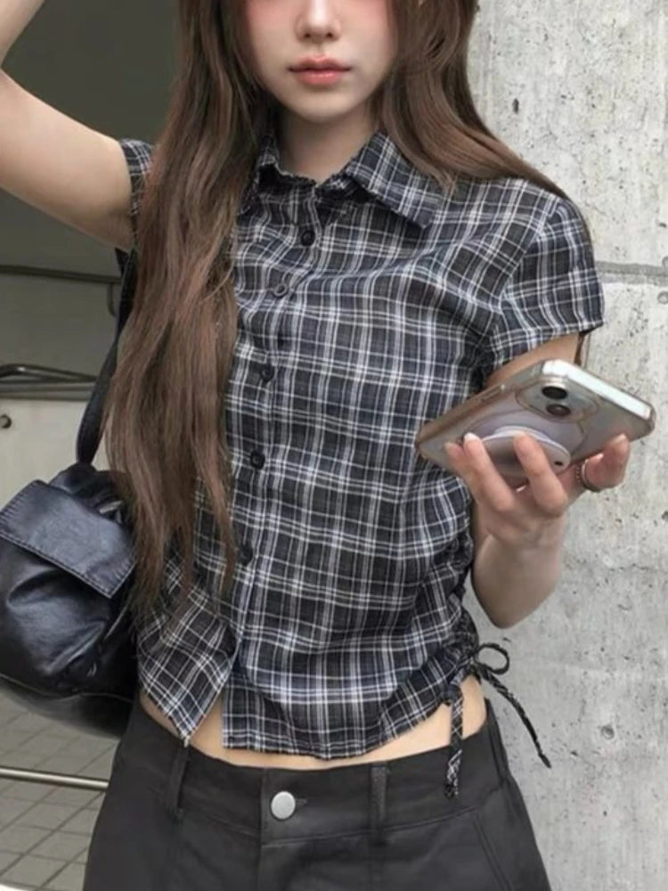 Vintage Classic Plaid Short Sleeve Collared Button Shirt Women Y2k Fashion Cinch Waist Tops Streetwear Casual Retro T-Shirts New