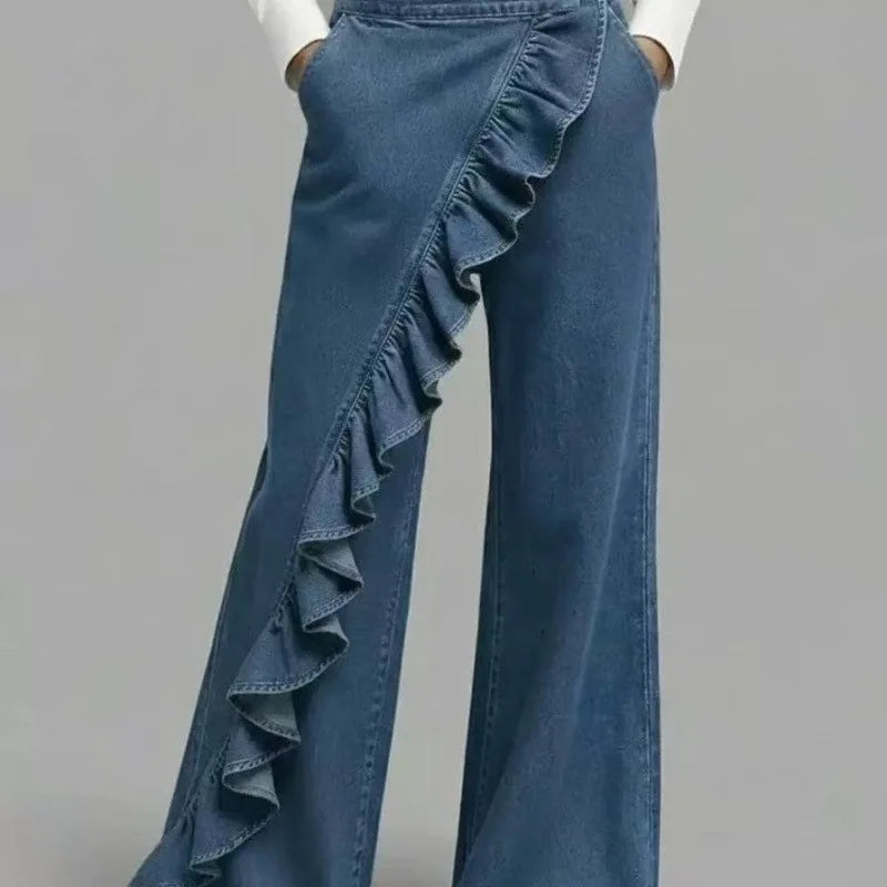 KIDCRKJ Spring American Style Loose Irregular Splicing High Waisted A-line Wide Leg Jeans For Women Spring 2026 New