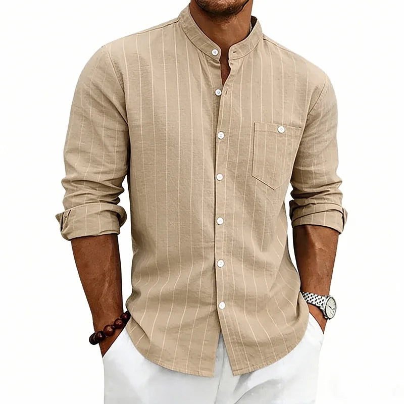 STRIPED LINEN JACQUARD SHIRT - Stand Collar, Loose Fit, Long Sleeve - Easy Days