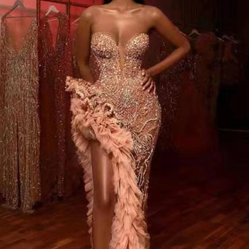 Off Shoulder High Waist Mesh Party Dress Elegant Sequined Women's Long Dress Sexy Strapless Slim Fit Irregular Dress Vestidos