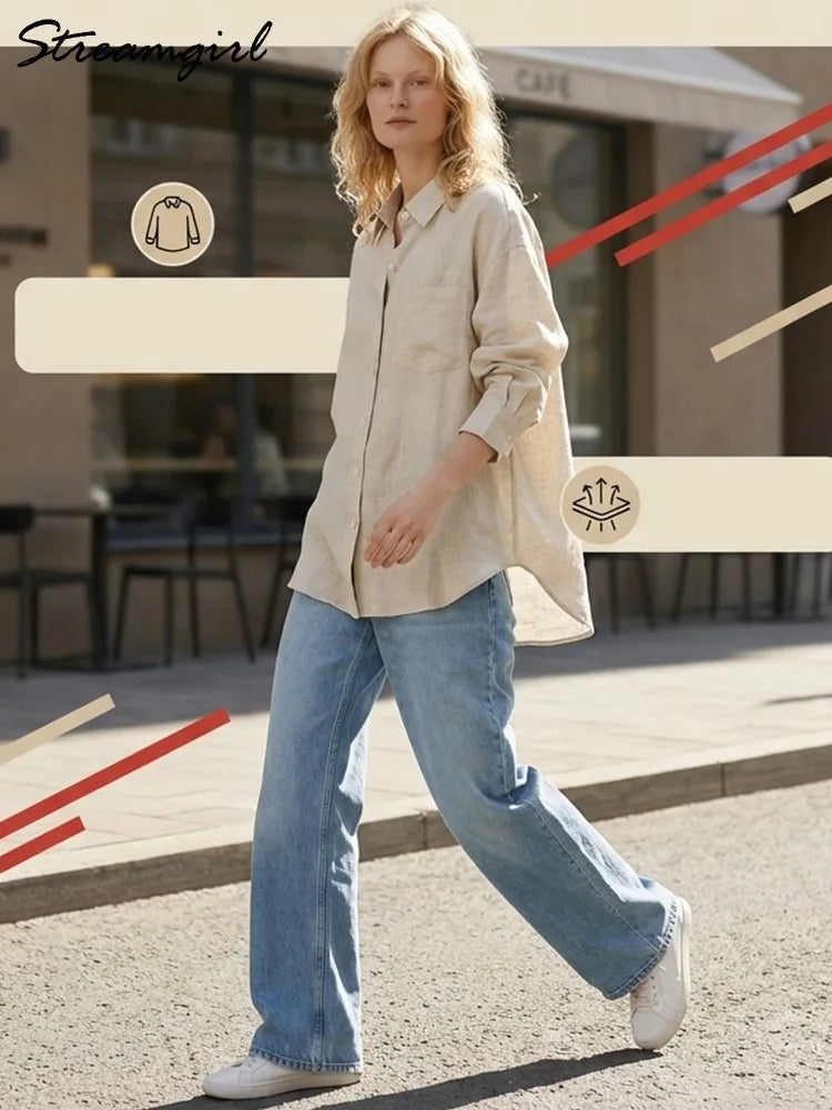 Streamgirl Summer White Linen Shirts For Women Oversized Long Sleeve Tops Lady Loose Basic Linen Tops Women Blue Shirts Oversize