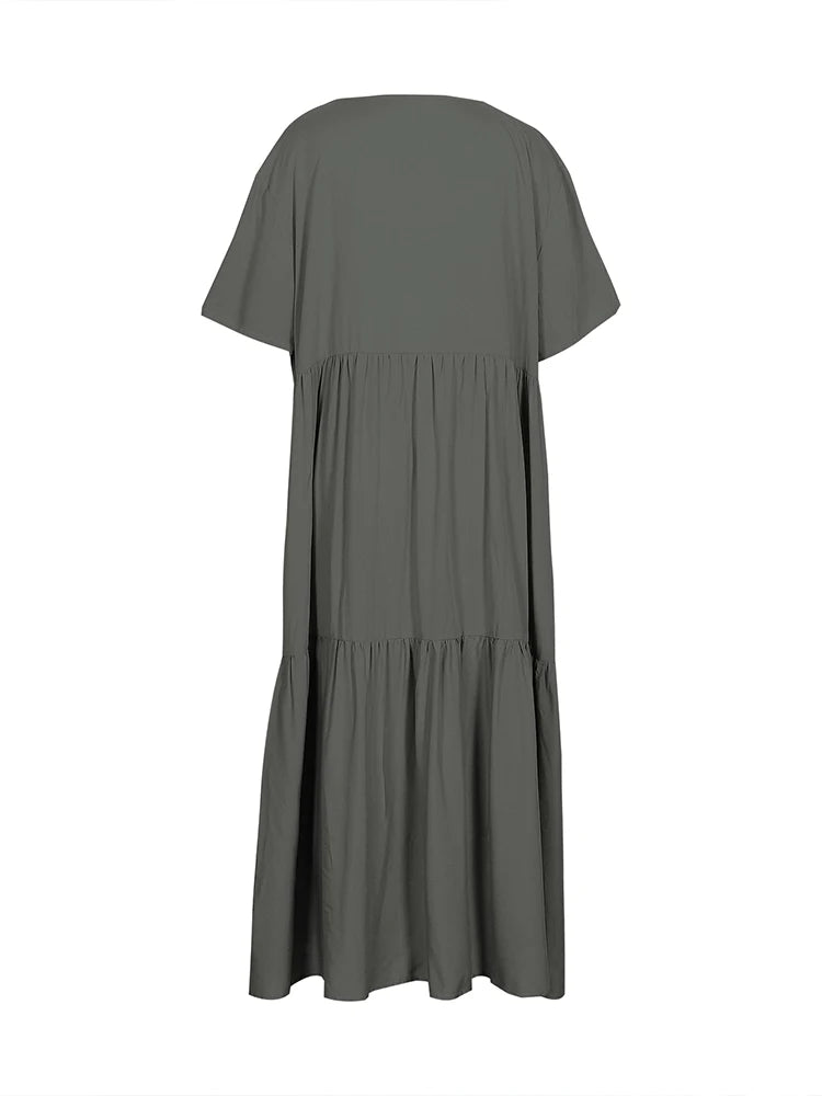 Plus Size 2025 Summer New V-neck Short Sleeve Pleated Solid Color Loose Casual Midi Dress Basic Hem Pleated