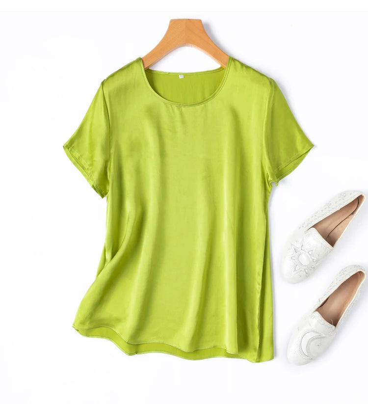 100% Mulberry Silk 19 Momme Charmeuse Silk Women Tank Top T-shirt Short Sleeve Shirt Blouse Solid Colors Summer M L XL AA4270