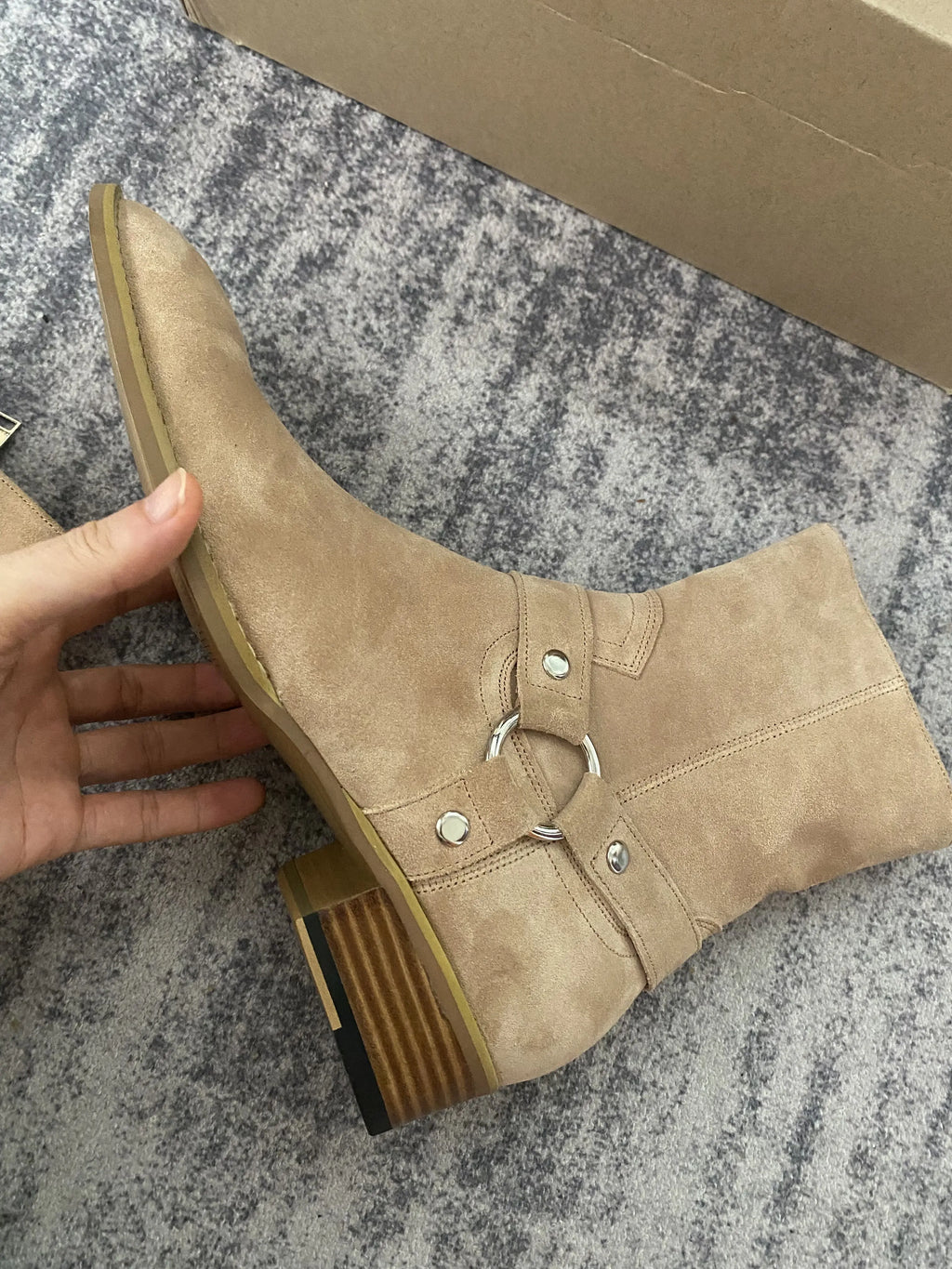 BEIGE SUEDE CHELSEA BOOTS - Men's Handmade Cow Suede Buckle Strap Catwalk Wedge - Luxury Style