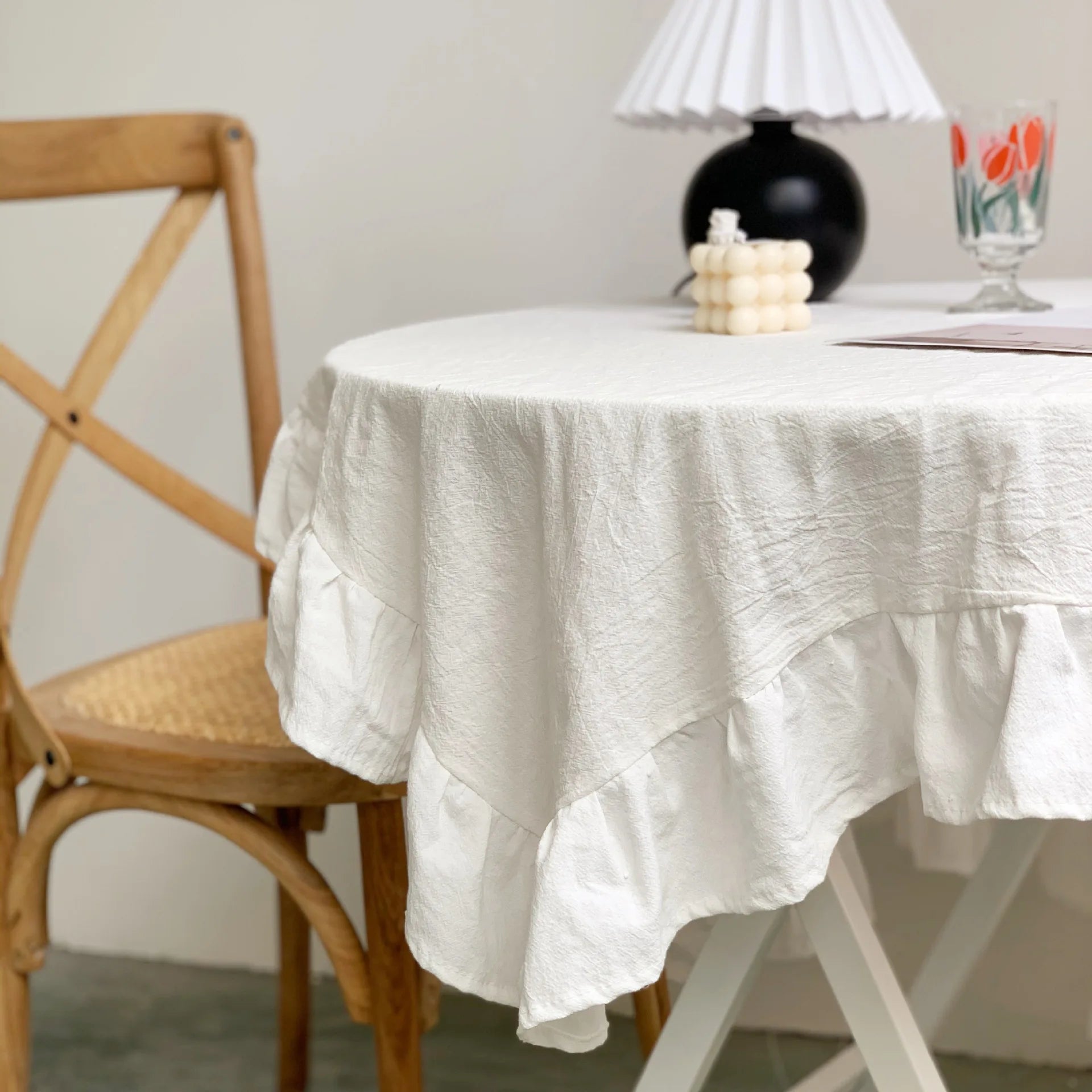 VINTAGE RUFFLED TABLECLOTH - White Cotton, Ruffled Edge - Soft Table Styling