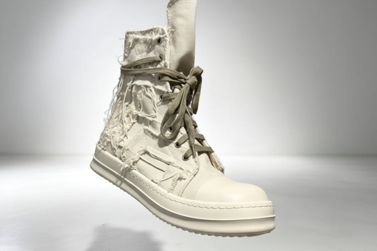 Men's High Ankle Sneakers - Jumbo Shoelace Canvas Flats Rick Owens Style