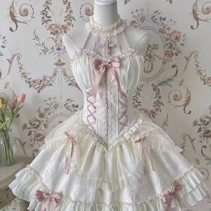 2026 New Sweet Lolita Dress Women Ruffled Lace Halter Neck Cute Dress Bow Princess Party Dress Kawaii Gothic Cosplay Costume