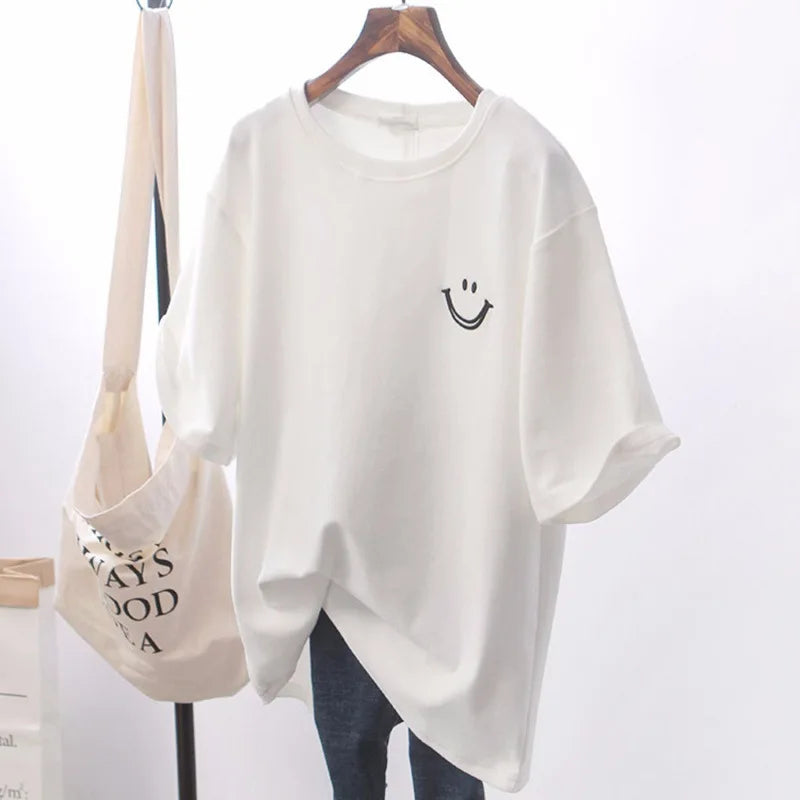 1pc Girl Summer Smile Print T-shirt Women Classic Basic Fashion Tees Students Short Sleeve Loose Tops Female Round Neck T-shirt
