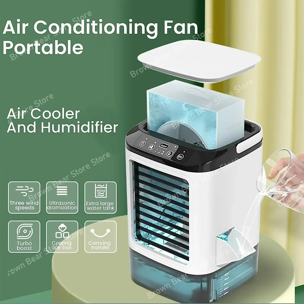 Portable Mini Air Conditioner – 900ml Mist Cooler Fan Humidifier Night Light