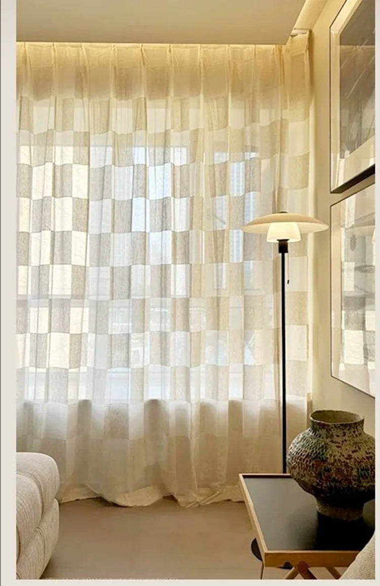 GRID VOILE SHEER CURTAIN - Ecru Plaid Weave, 5 Hanging Styles - Soft Rooms