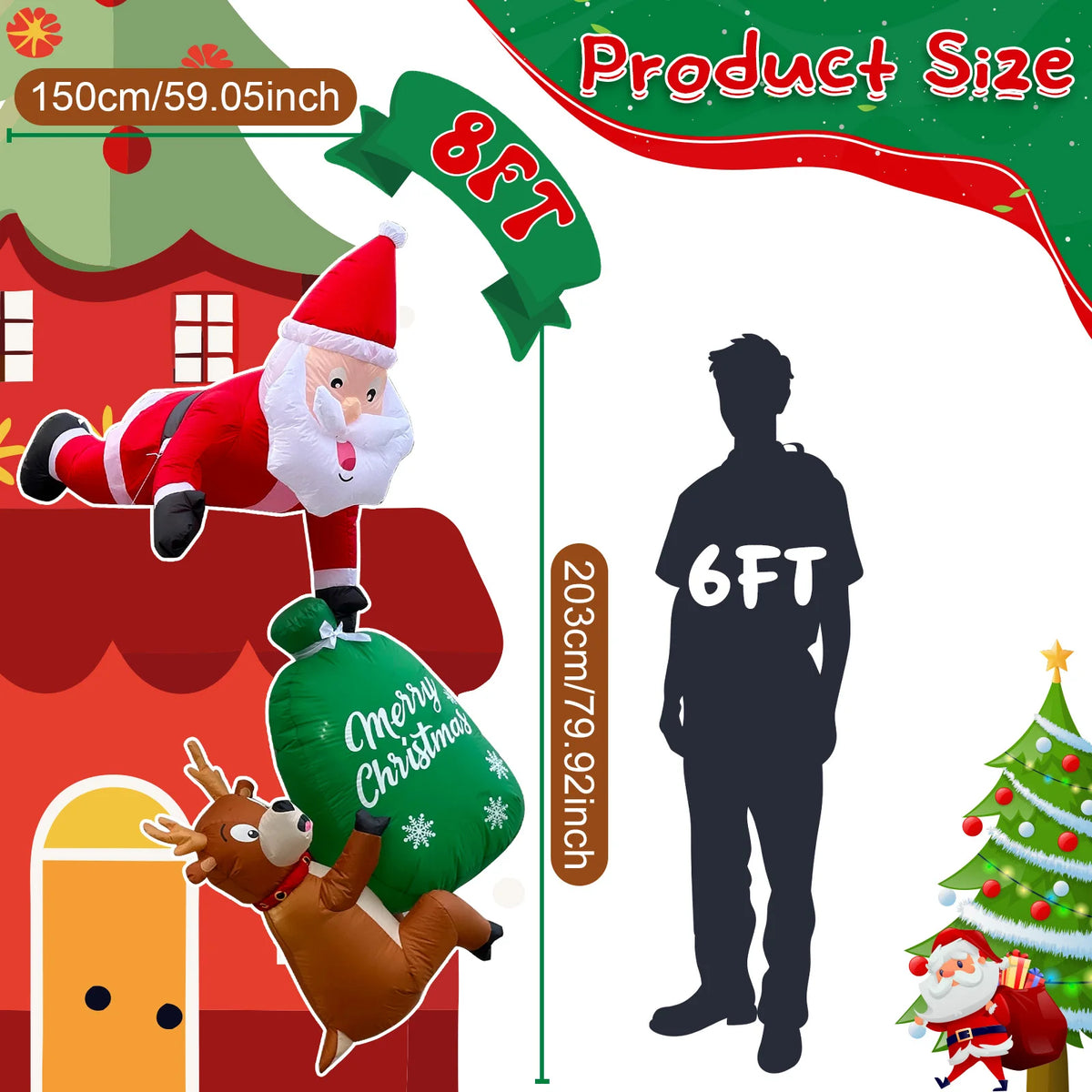 Inflatable Santa & Reindeer - 8 ft - Holiday Cheer