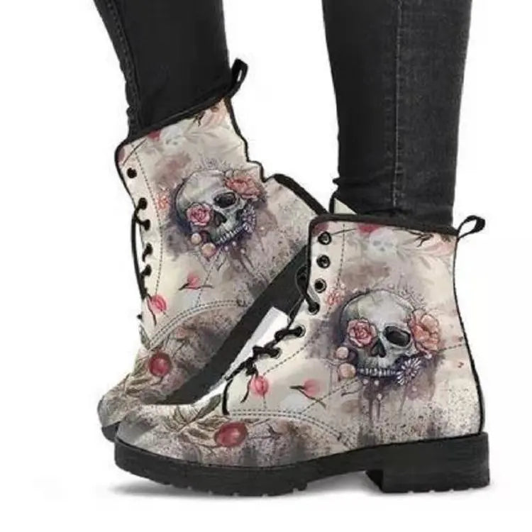 Women's Autumn Short Boots British Style Tooling Boots Skull Print Flower High-top Ladies Ankle Boots Vintage Botte Femme Hiver