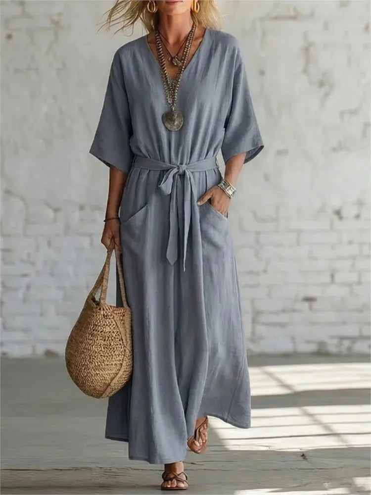 New Summer Elegant Simple Retro Cotton Linen V-neck Women's Dress Casual Mid-sleeve Solid Color Fashion Belt Wide Hem Long Skirt