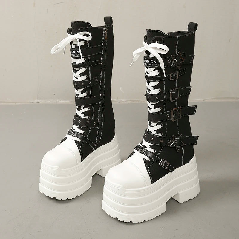 Lace-Up Pointed Toe Mid-Calf Boots – Square High Heel