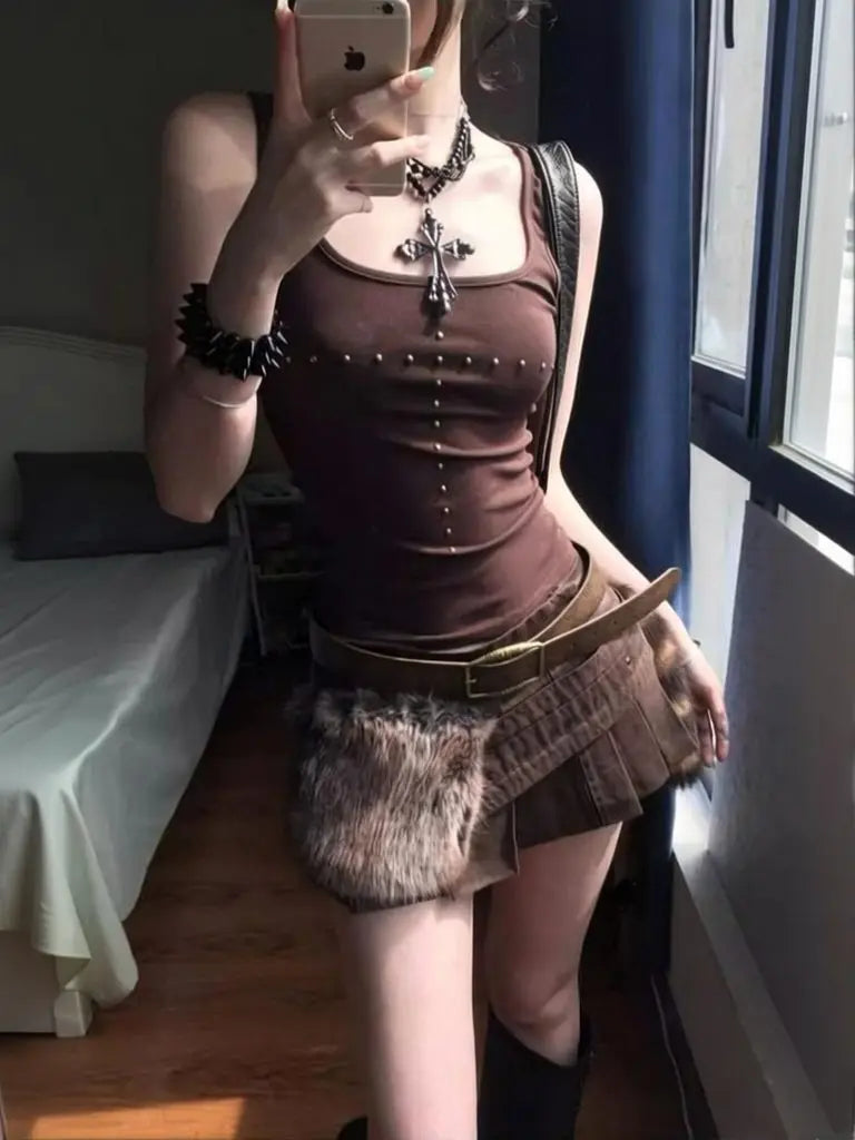 Brown Beading Vintage Clothing Y2k Tank Tops Women 2000s Clothes Fashion Sport Sleeveless T-shirt Slim Fitted Basic Tees