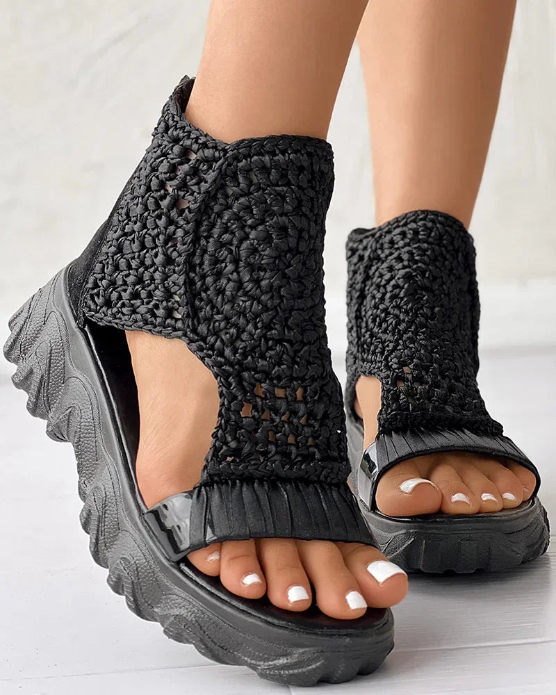 Hot Seller Gold Knitted Sandals for Women Braided Elastic Summer Shoe Mesh Flat Bottom Hollow Out Female Sandals Sandalias Mujer
