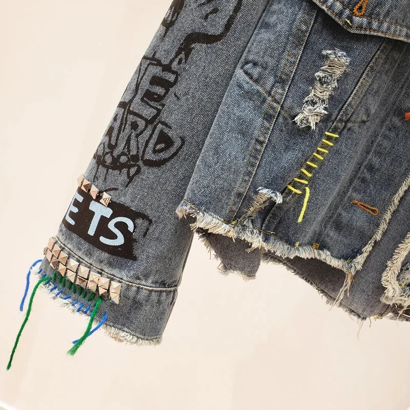 Fringe Frayed Denim Jacket - Rivet Detail