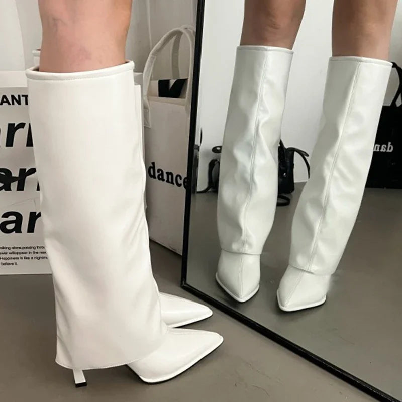 Pleated Knee-High Boots – Thin Western Heel
