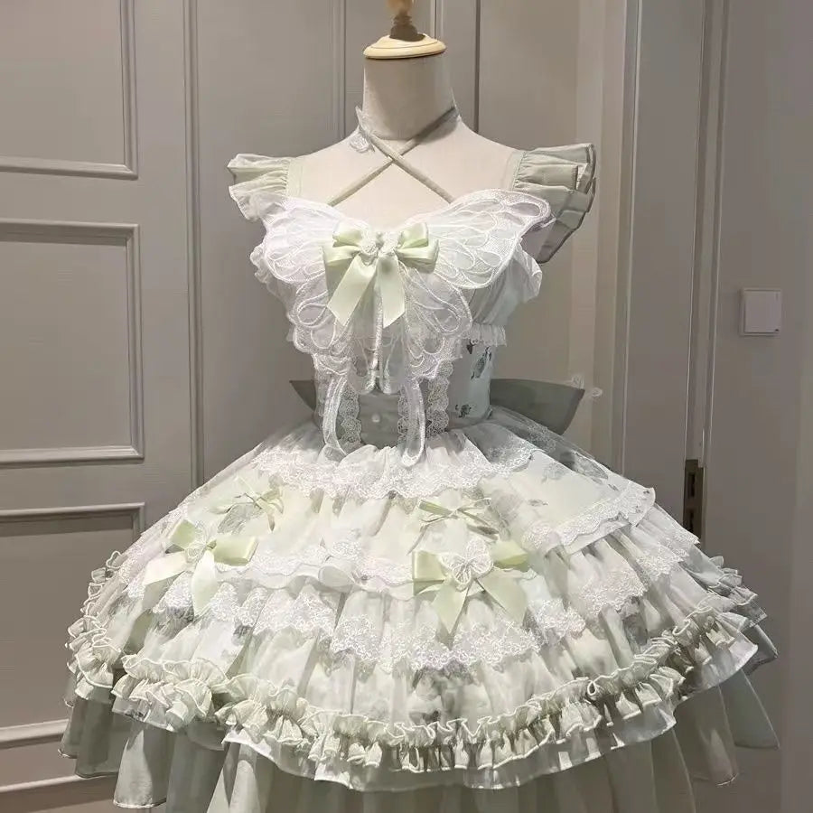2026 New Sweet Lolita Dress Women Ruffled Lace Halter Neck Cute Dress Bow Princess Party Dress Kawaii Gothic Cosplay Costume